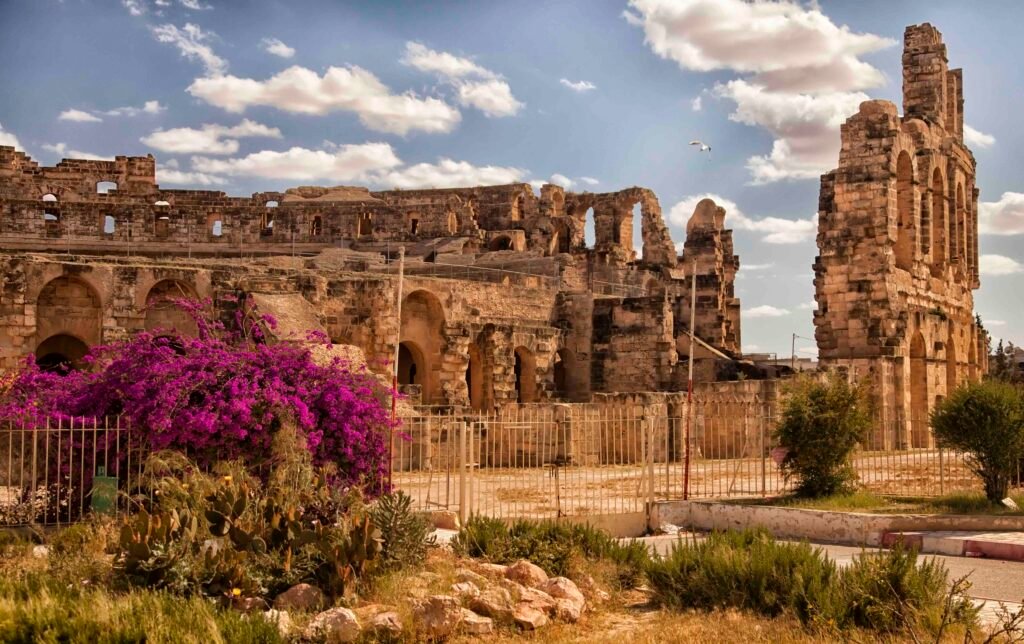 View of well-preserved Roman colosseum in North Africa.